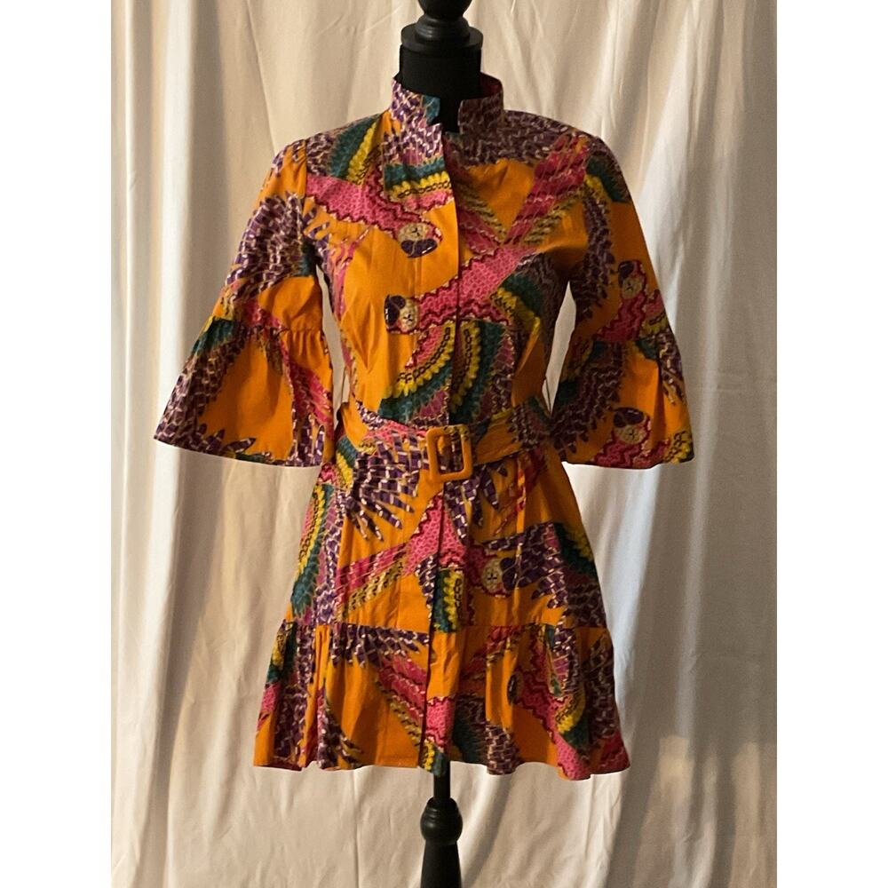 FARM Shirt Dress XS Orange Abstract Print Belted Collared 3/4 Bell Sleeve